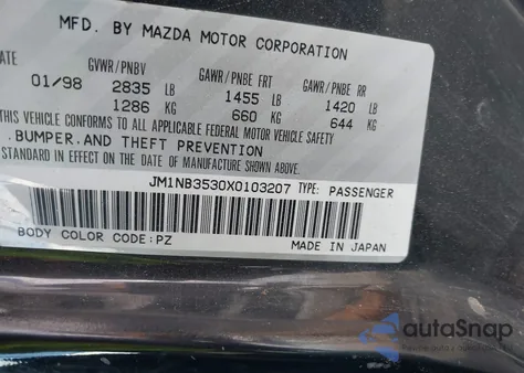 1999 Mazda Mx-5 Miata Leather Pkg/Popular Equipment Pkg/Sports Pkg/Touring Pkg z USA, uszkodzony, nr VIN JM1NB3530X0103207